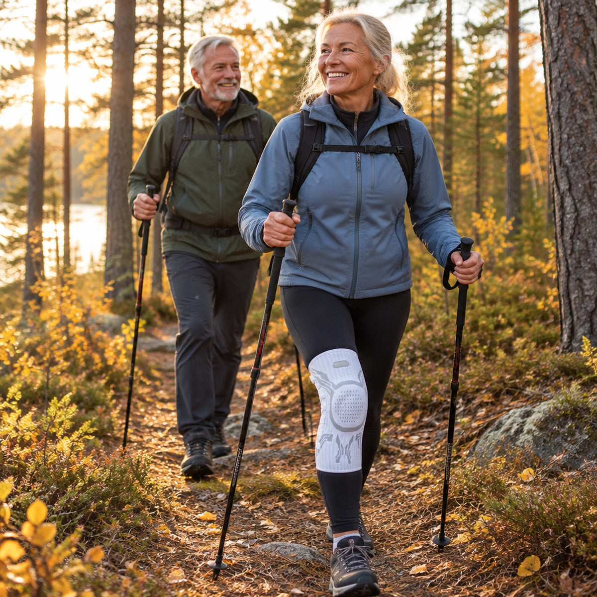 Promenad i skogen med knästöd